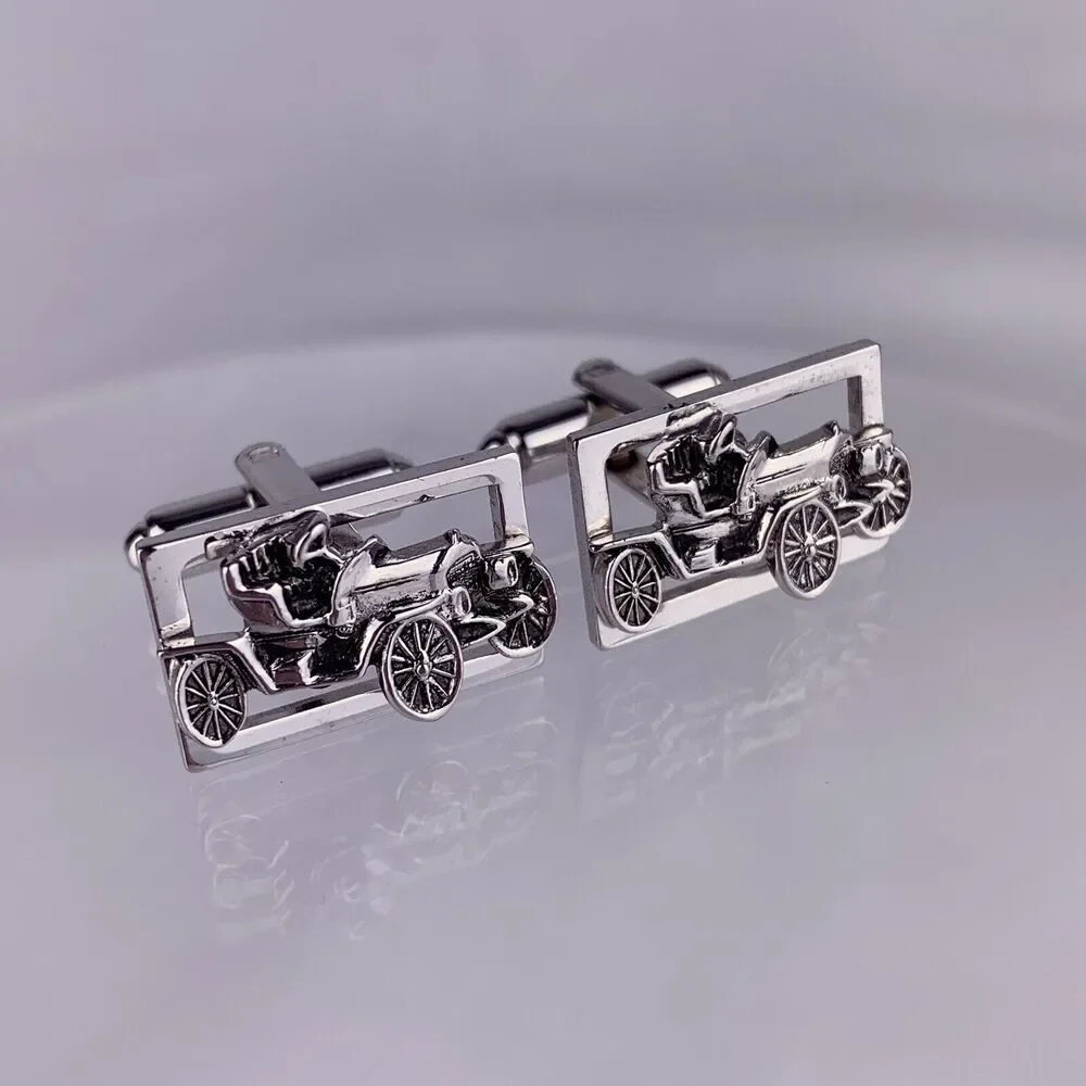 Model T Antique Car Buggy Silver Tone Cufflinks Shields Vintage K1